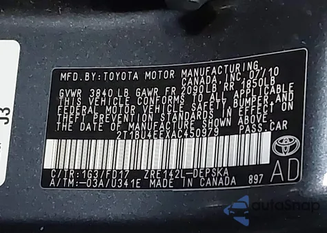 2010 Toyota Corolla S из США, поврежденный, VIN 2T1BU4EEXAC450979